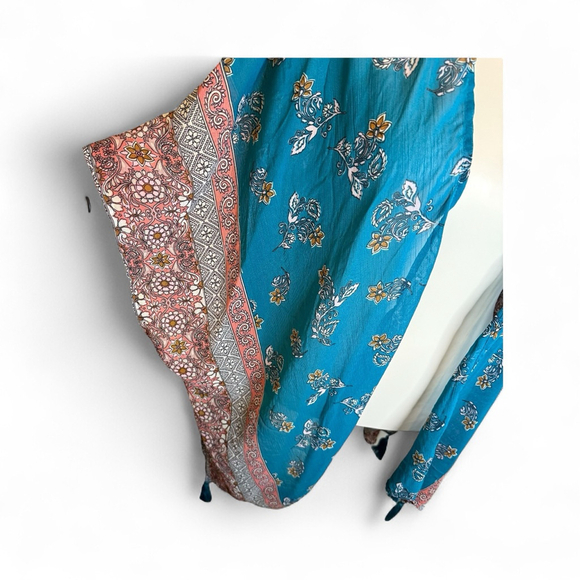 Women's Teal Peach Gold Floral Kimono with Tassels M Lace Open Cardigan - Picture 2 of 5